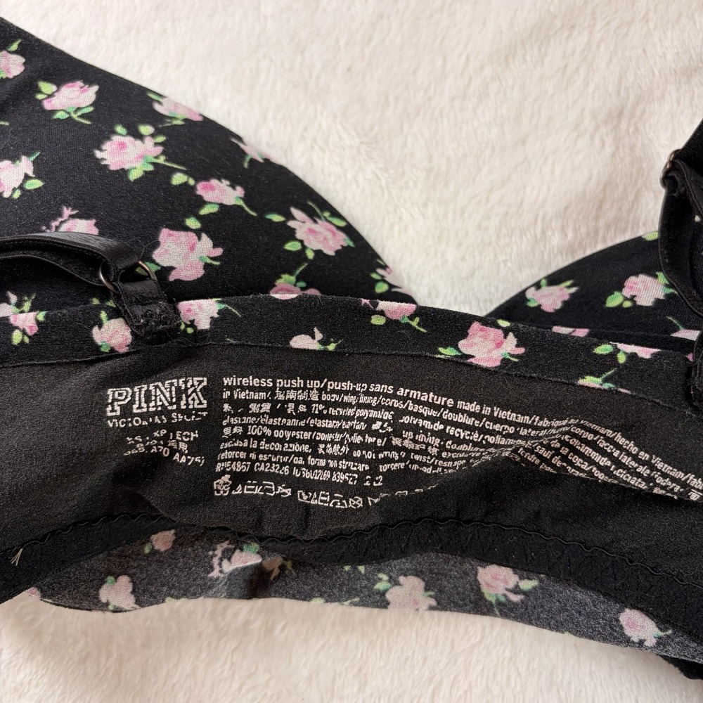 PINK Victoria's Secret Loungin Wireless Push-Up Bra XS Black Floral 32A 32B GUC - Picture 4 of 6